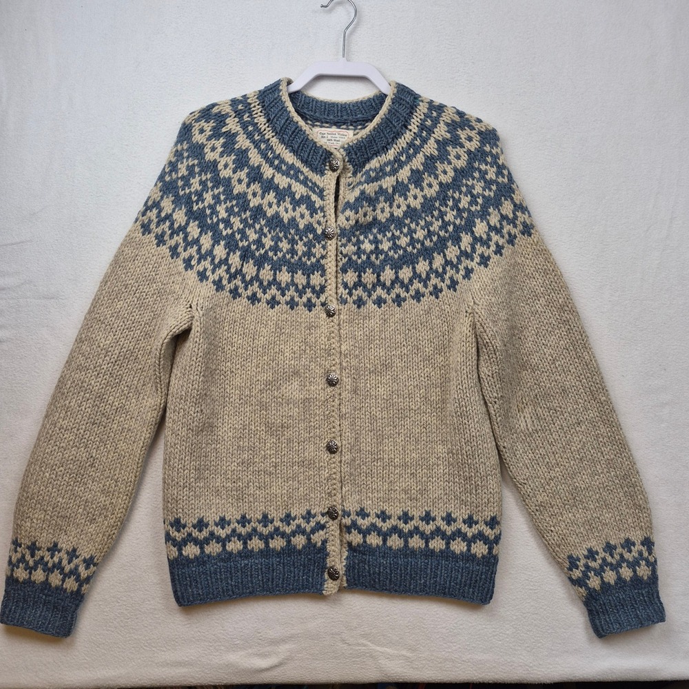 Classic Icelandic Knit Cardigan Sweater - Cream & Blue